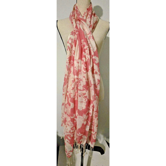 Etcetera Silk Linen Scarf Wrap Womans Pink & Ivory Floral 30" x 80" - Picture 2 of 6